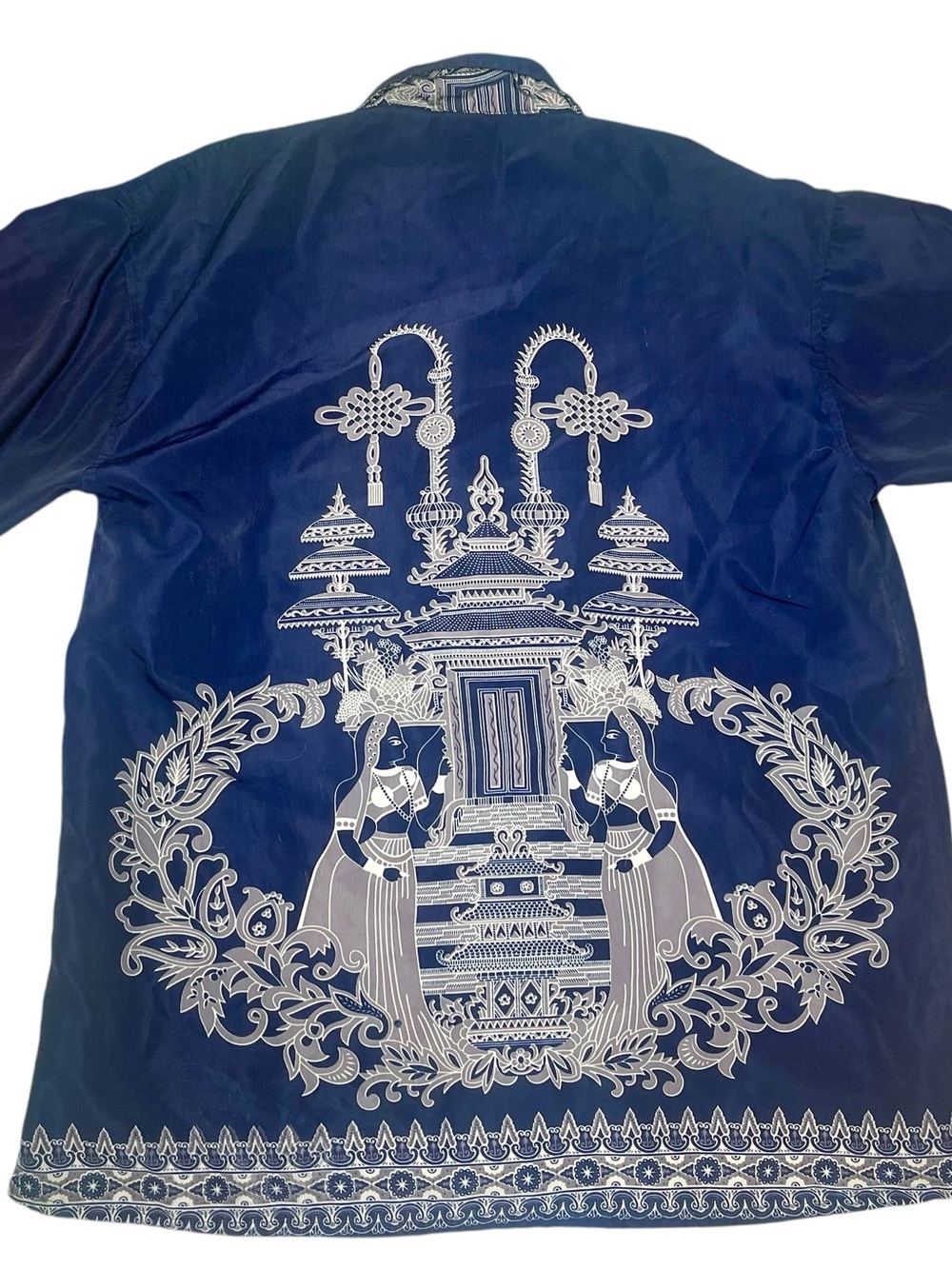 Y2K Claudio Nucci Mens Large Button Up Shirt Blue Graphic Resort Bali Baroque